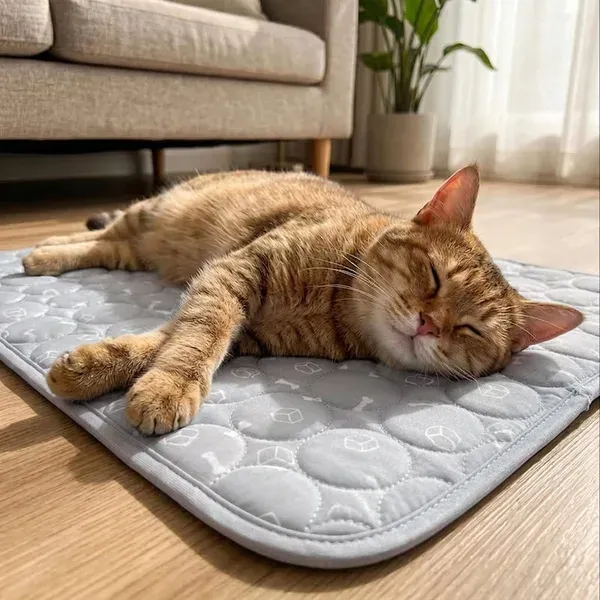 A cat resting comfortably on the Dog Cooling Pad